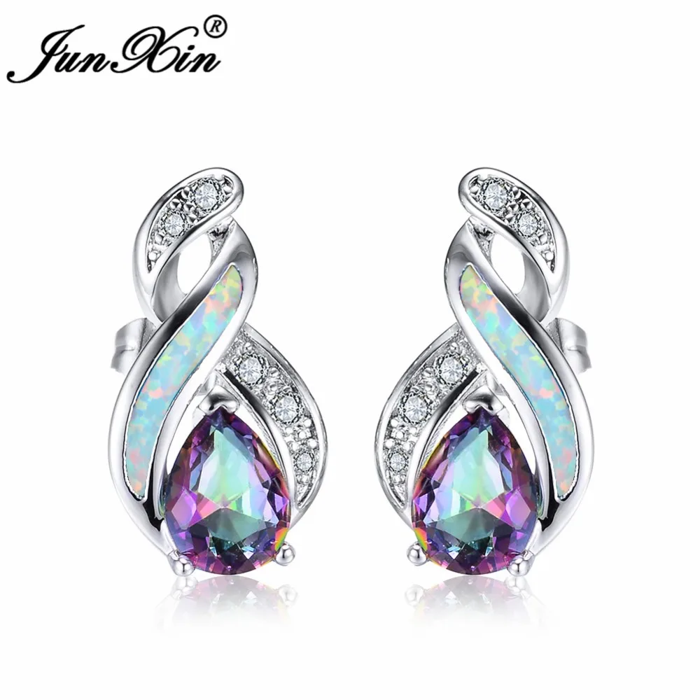 Buy JUNXIN White Fire Opal Spiral Stud Earrings Teardrop Rainbow Cubic Zirconia