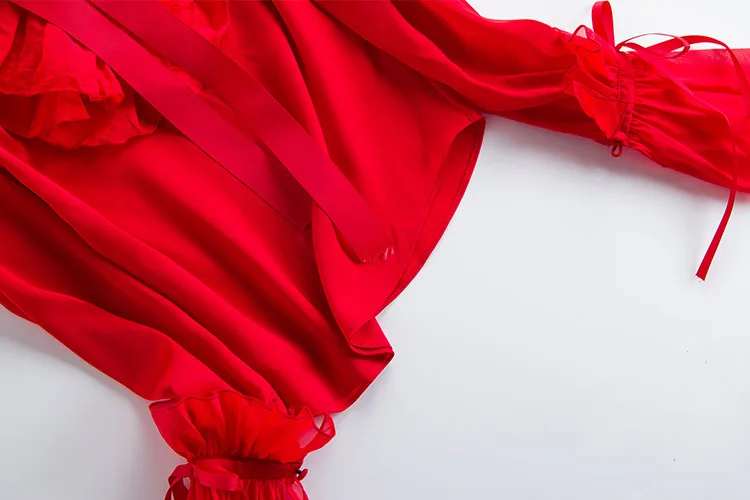 Женские модные дизайнерские блузки на осень и весну, коллекция года, женские элегантные однотонные красные блузки с оборками и расклешенными рукавами, женские рубашки