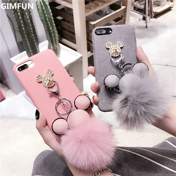 

GIMFUN Luxury Cartoon Rabbit Fur Ball Tassel Case for Iphone X 7 7plus 6 6s 6plus 8 8plus Diamond Plush Soft Tpu Cover Lanyard