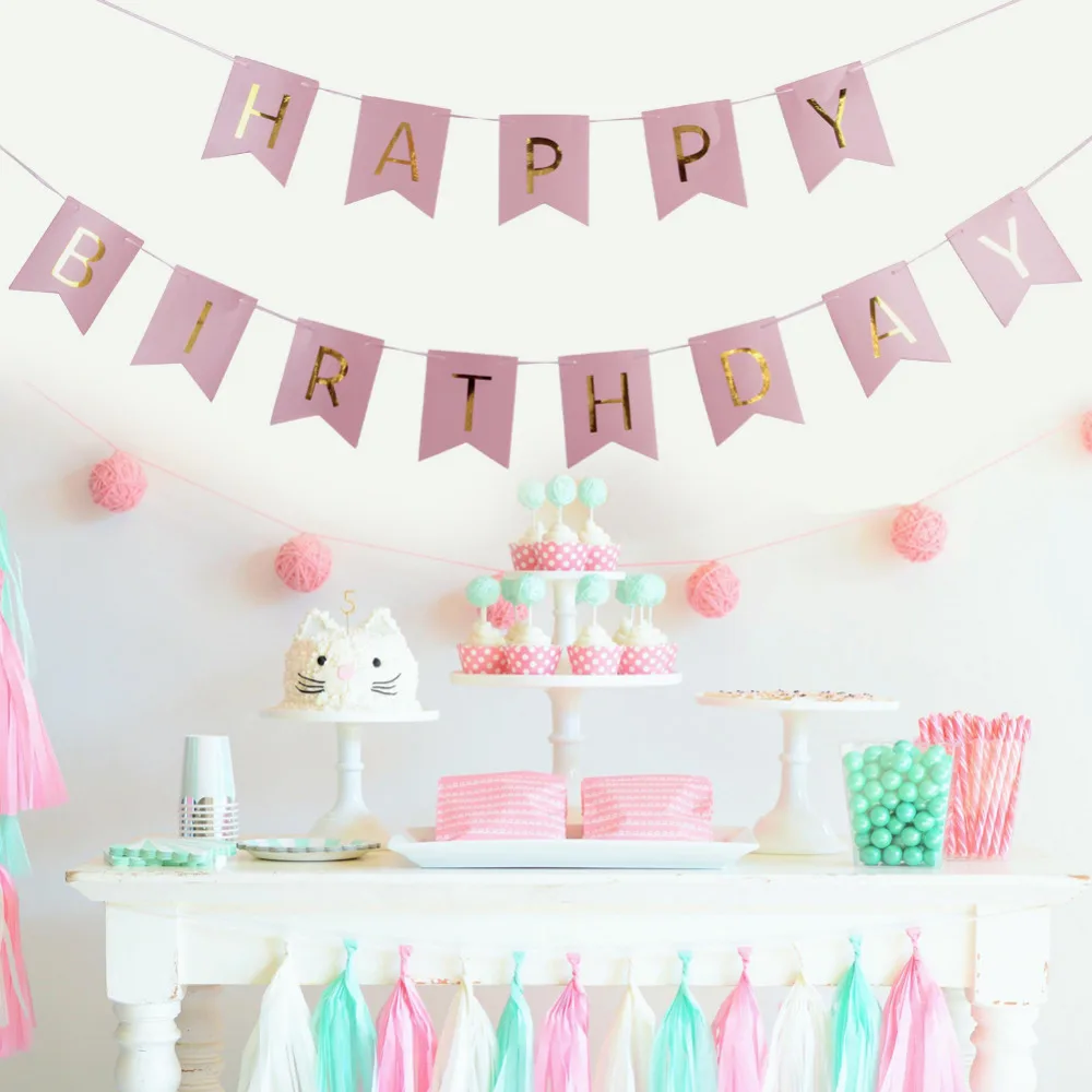 pink blue paper decoration set happy birthday banner foil swirls