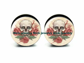 

Brand new 6-25mm acrylic skull dangling flowers image thread ear plug gauges flesh tunnel body jewelry 60pcs/bag NASP-206