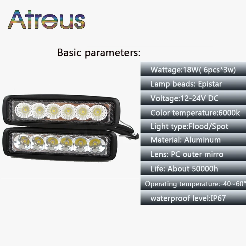 

Atreus 2pcs 6Inch 18W Car LED Work Light Bar 12V Waterproof for Motorcycle Offroad Boat Tractor Truck 4x4 ATV Driving Fog Lamp