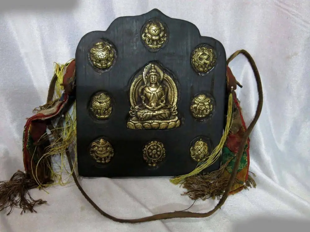 

9" China Tibet wood inlay bronze gild buddha and Eight treasures Statue A(0505)