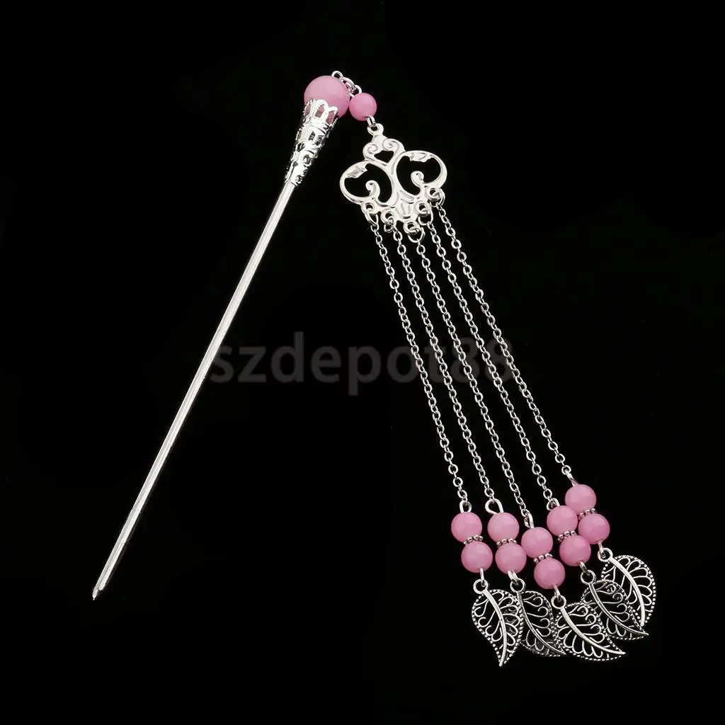 Solid Metal Tasel with Beads Stick Pin Hanfu Dress Ancient Chinese Cosplay Drama Girls Cute Hair Pin