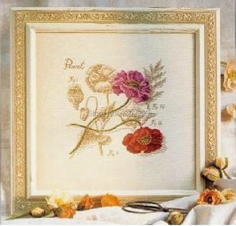 

Shadow Series Poppy Flower Needlework Embroidery Cross Stitch Kit Factory Sale / Light Yellow Fabric