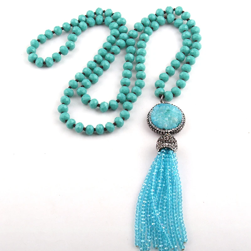 

Free Shipping Bohemian Tribal Jewelry long Knotted Crystal Glass Bead & Druzy and Crystal Tassel Necklaces