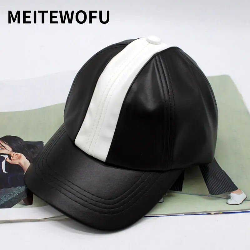 

MEITEWOFU Men women spring autumn baseball cap High quality caps PU leather black white Vintage stitching Casual hat hip hop hat