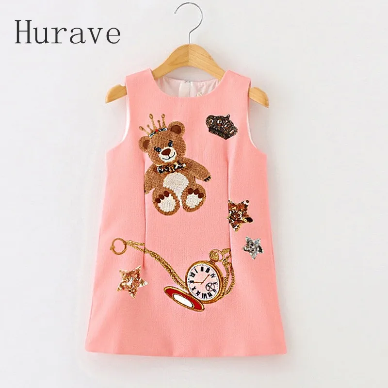 Hurave Girls Dresses 2017 Children Dress Princess Costume Enfant Bear Print Pattern Kids Dresses for Girls
