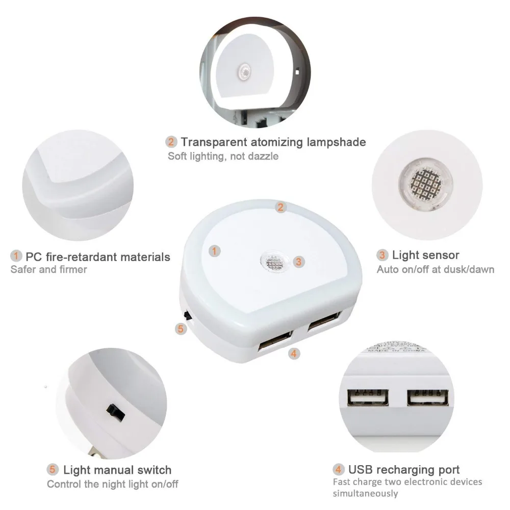 EU US Mini led night light light sensor Switch on/off with 2USB Charging port for moible phone Novelty lamp Bedroom AC 110-240V