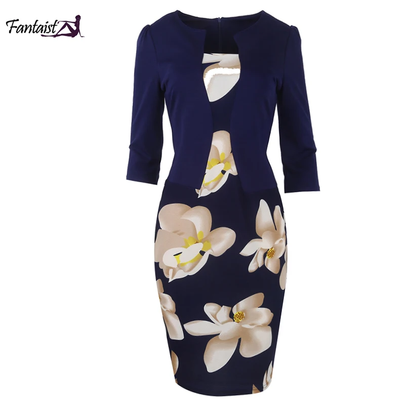 

Fantaist Summer Women Casual Elegant Office Work Floral Print Patchwork Sheath Slim Fitted Three Quarter Plus Size Cotton Dress
