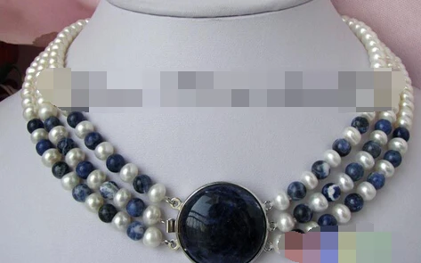 RHJ0041 NICE 3strands 7-8mm white FW pearl lapis lazuli necklace AAA | Украшения и аксессуары