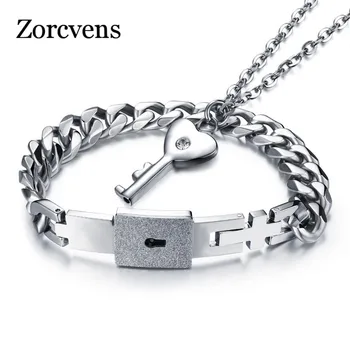 

ZORCVENS Fashion Couple Jewelry For Lovers Stainless Steel Women Necklace Men Bracelet Key Pendant Necklace Love Lock Wholesale