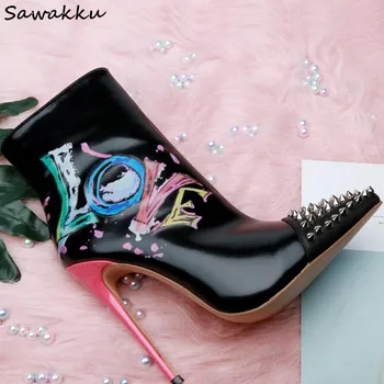 

Elegant Graffiti LOVE Women Ankle Boots Pointed Rivets Toe Stiletto High Heels Shoes Woman Printed Celebrity Autumn Winter Botas