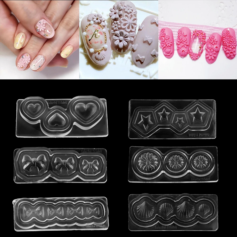 12 видов стилей 3D силиконовая форма для ногтей цветок/Сердце/звезда/оболочка/корона резьба DIY лак популярный инструмент акриловые наконечники для ногтей шаблон
