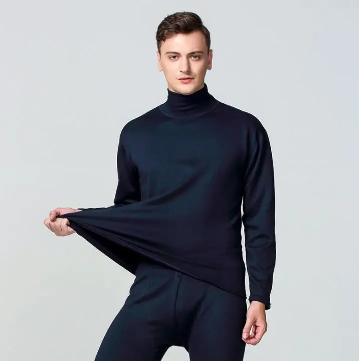 Комплект термобелья для мужчин, зимние теплые кальсоны из флиса и шерсти, Мужская кашемировая рубашка с высоким воротником+ штаны, одежда XXXL - Цвет: Тёмно-синий