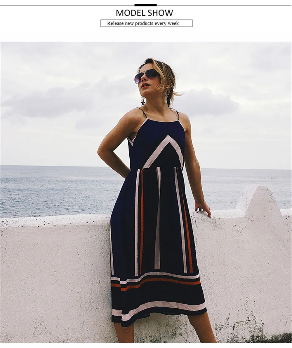 Patchwork Striped Vacation Dress Women Summer Sundress 2018 Elastic Waist Spaghetti Strap Midi Vestidos Mujer Sexy Beach Dress  (11)