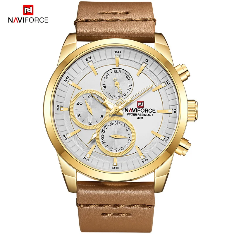 Мужские часы NAVIFORCE Модные Аналоговые кварцевые наручные часы с кожаным ремешком водонепроницаемые спортивные мужские часы Relogio Masculino - Цвет: Gold