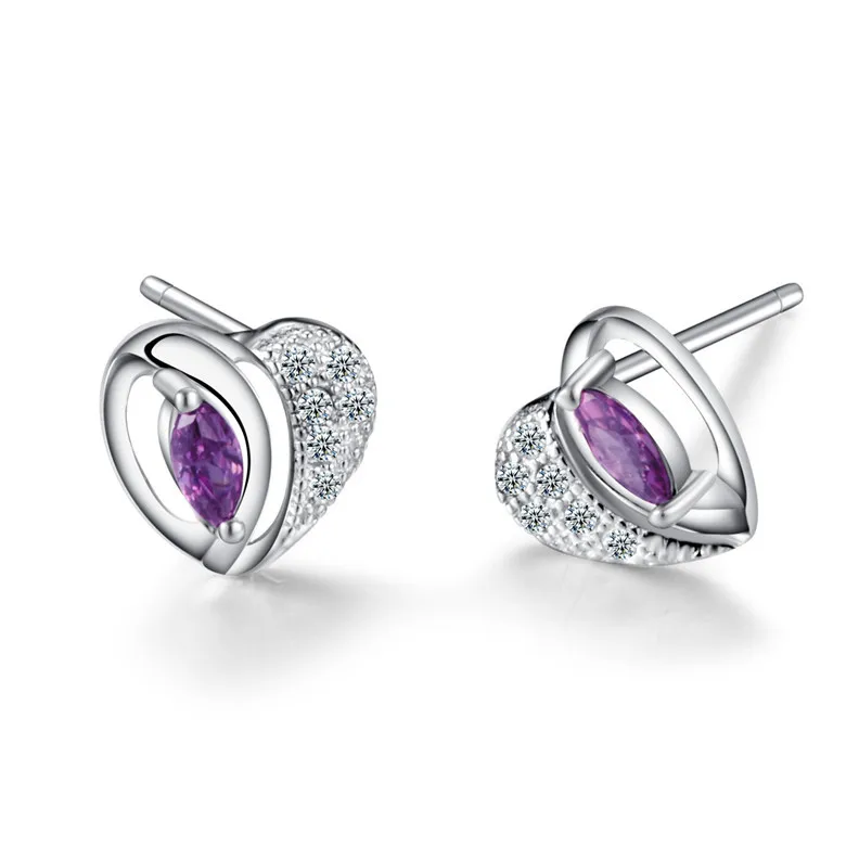 

100% Sterling Silver Jewelry Romantic Love Purple Heart Stud Earrings Top Quality Christmas Gift Free Shipping