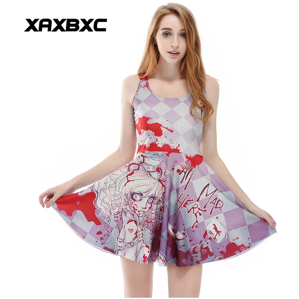 

XAXBXC 1260 Plus Size Women Summer Reversible Pleated Dress Sexy Gril Vest Skater Dress Halloween All Mad Here Blood Prints