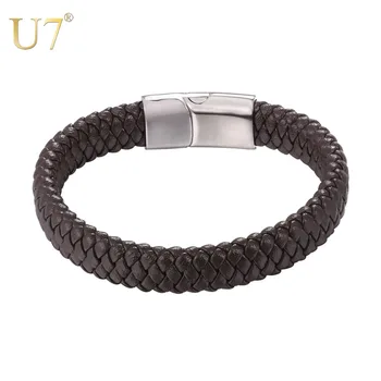 

U7 Genuine Leather Cool Black Brown Creative Design Stainless Steel Magnetic Buckle Charm Men Leather Bracelet Best Gifts H1065