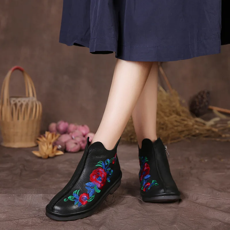 Women's fashion ankle  Boots with Embroidered flower low heel Genuine Leather black color short boots round toe back zipper