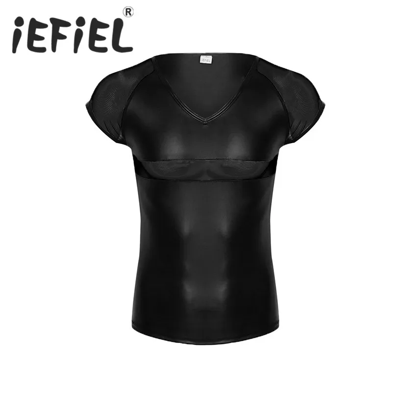 Модный мягкий пуловер iEFiEL из искусственной кожи с короткими рукавами и V образным