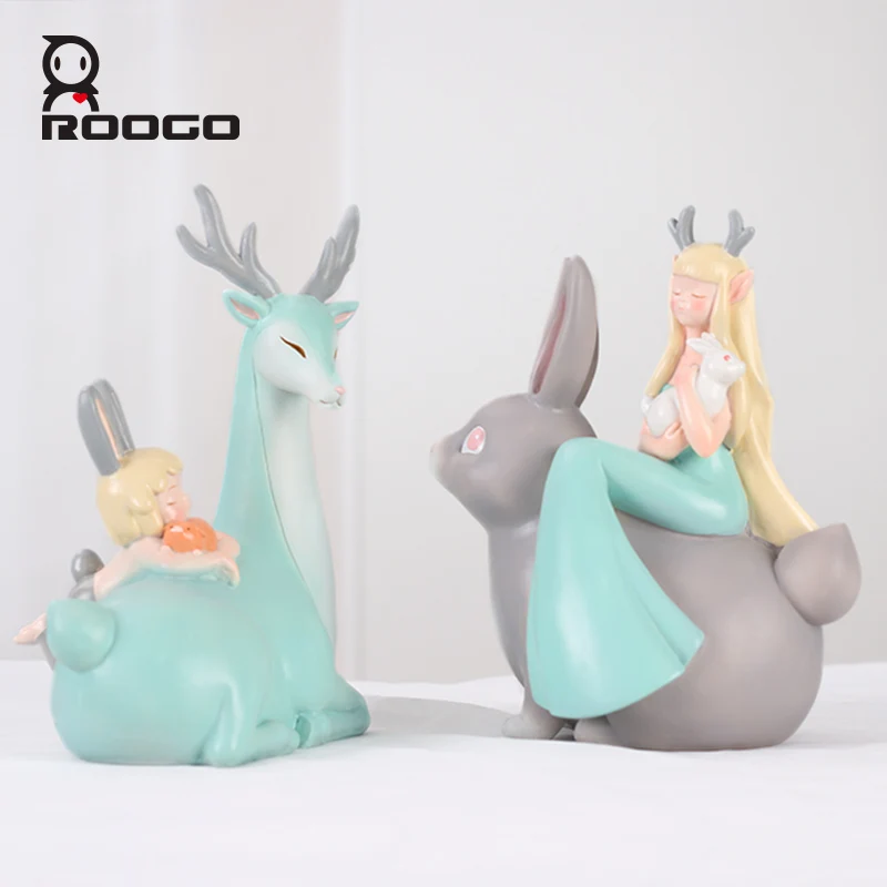 Beste ROOGO herten meisje ornament konijn jongen standbeeld beeldjes Home Decoratie Accessoires Miniatuur Sculptuur Desktop Ambachten Gift