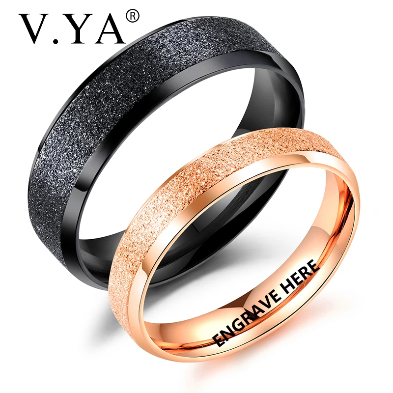 

V.YA New Style Scrub Customized Rings For Couple Stainless Steel Black/Rose Gold Engraved Lover Wedding Rings For Men/Women
