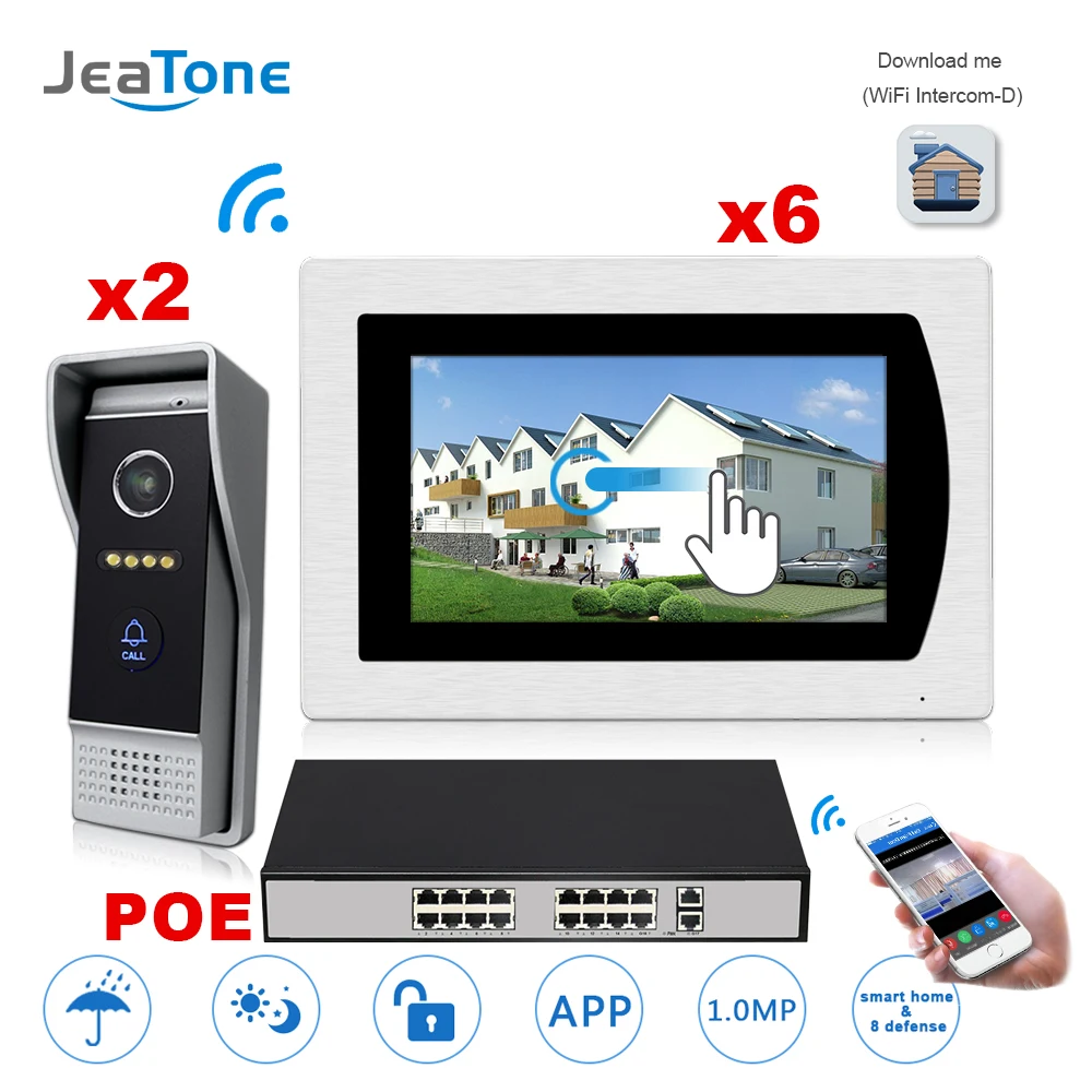 

7'' WIFI IP Video Door Phone Intercom Door Bell Speaker Access Control System Touch Screen Motion Detection 2 to 6 w/ POE Switch