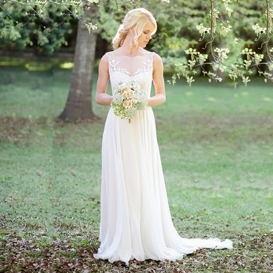 

Cheap Boat Neck Sleeveless Chiffon Wedding Dresses Cap Sleevee Lace Open Back Beach Bridal Gowns Robe De Mariage