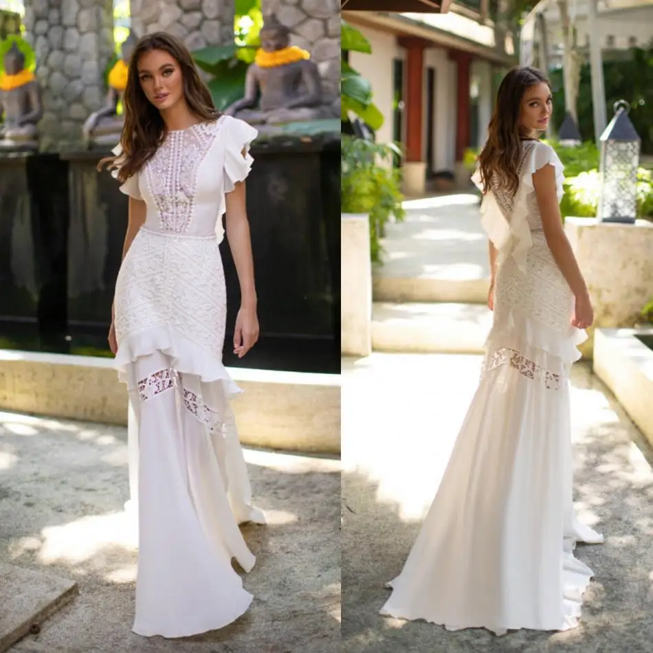 

2019 Summer Beach Wedding Dress Cap Sleeves Lace Chiffon Sweep Train robe de soiree Buttons Back Boho Vestido De Novia