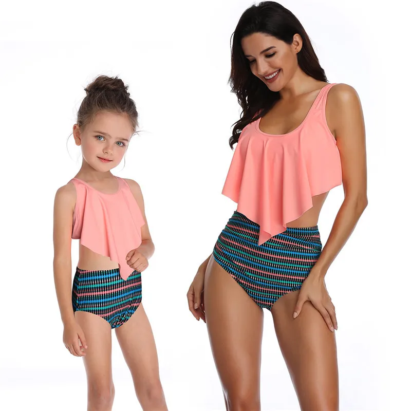 Mother Daughter matching Swimsuits Printing piece double lotus leaf Parent-Child Swimwear Family Matching Swimsuit Outfits - Color: 6