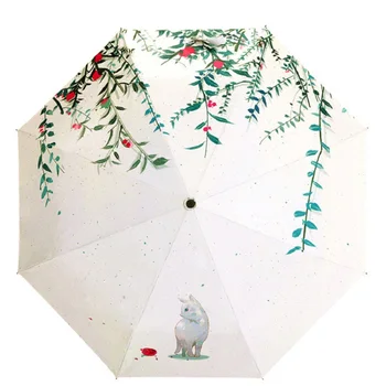 

Simple Style Oil Painting Umbrella Sliver Coating Anti-uv Parosal Waterproof Women Rain Umbrellas Little Cat paraguas