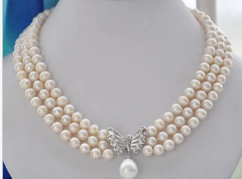 

bjc 000635 3row 8-9mm WHITE ROUND FRESHWATER PEARL NECKLACE butterfly