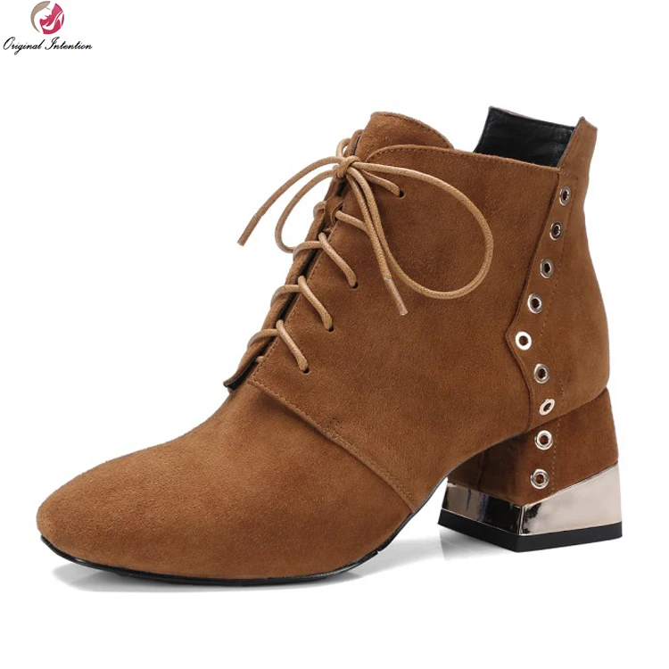 

Original Intention New Cool Women Ankle Boots Kid Suede Square Toe Square Heels Boots Black Brown Shoes Woman US Size 4-10.5