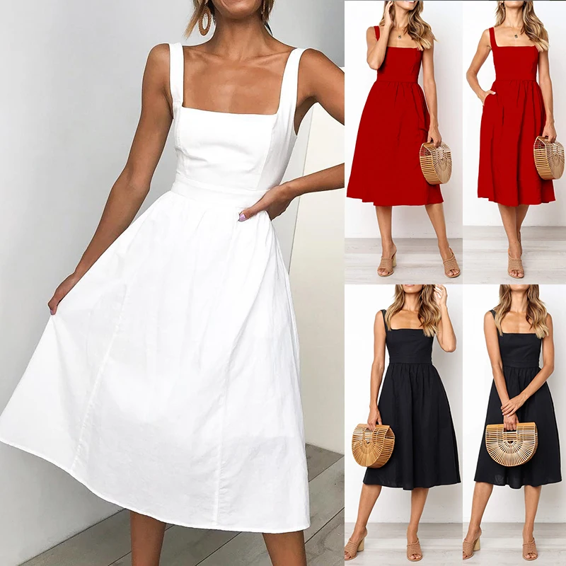 Women Simple Solid Color Dress Women Strapless Spaghetti Strap Fashion Vestidos Dresses Elegant Ladies Party Causal Summer Dress
