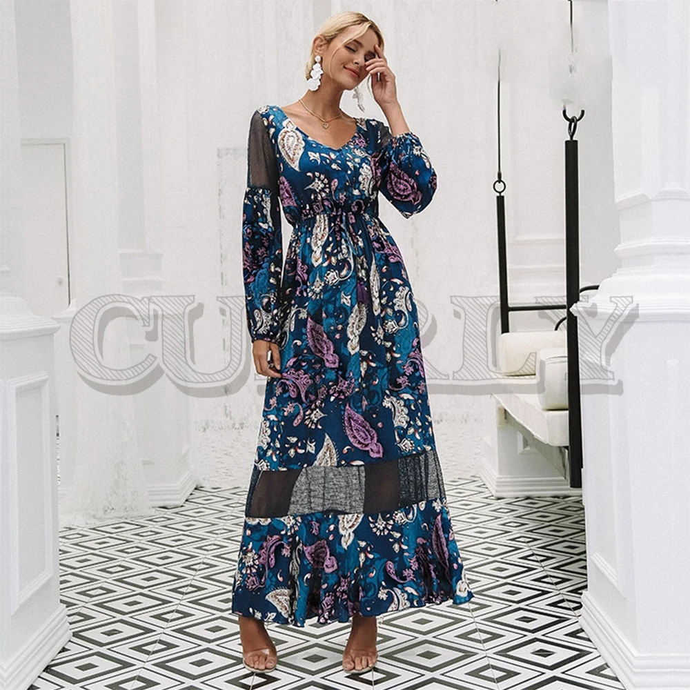 

CUERLY V neck print long dress women Mesh hollow out long sleeve high waist dresses 2019 Autumn casual female dress