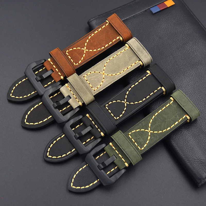 

luxury WatchBands 20mm 22mm 24mm 26mm Leather Man Watch Straps green brown gray Stainless Steel Buckle for Omega PAM Watch Strap