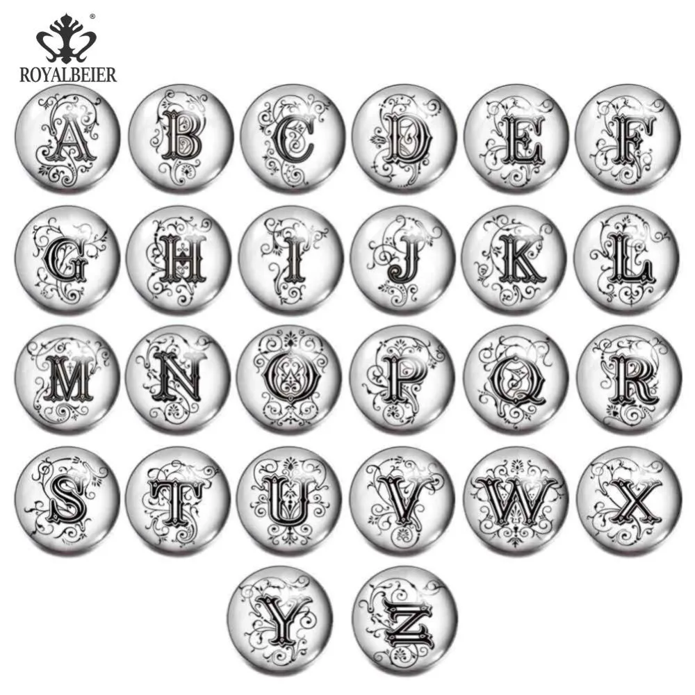 ROYALBEIER 26pcs/lot High Quality A-Z Letters Alphabet Snap Jewelry 18/20mm Glass Snap Button Fit Snap Bracelet Mixed Wholesale
