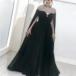 Черные мусульманские Вечерние платья 2019 трапециевидной формы шифоновые украшенные бисером кристаллы плюс размер ислам Дубаи Саудовской