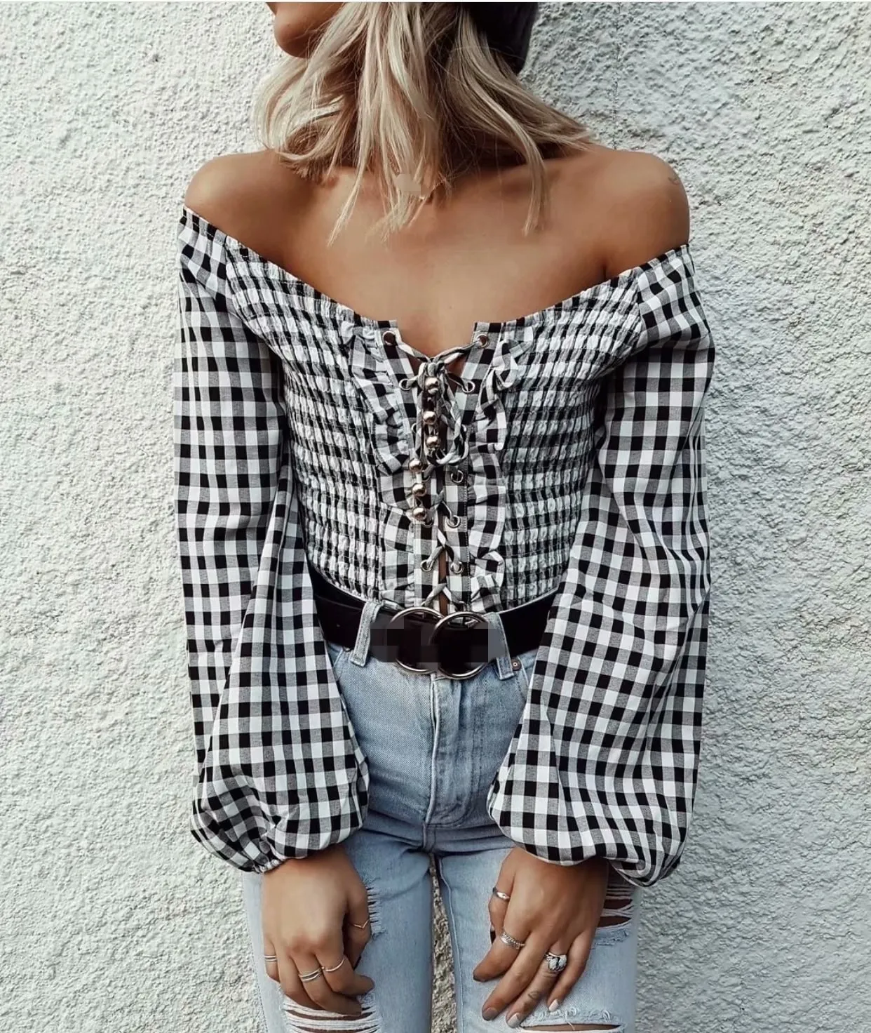 Checkered Long Sleeve Womens Bodysuit Black Checkerboard Bodysuits Fashion Plaid Body Suits 
