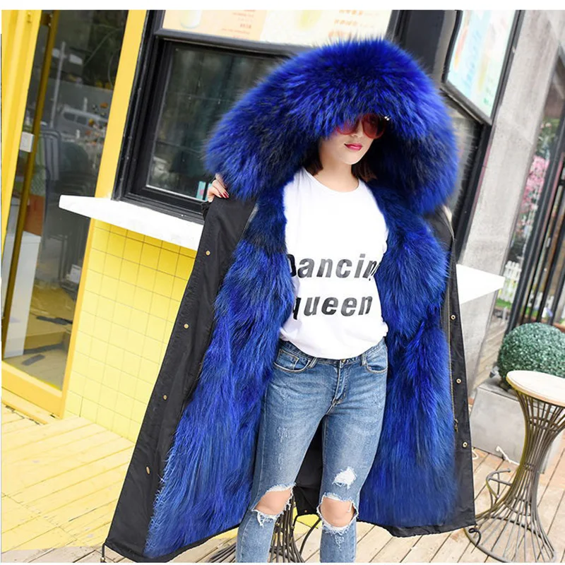 

Real Luxurious Large Raccoon Fur Collar Fur Coat Women Winter Warm Fox Fur Liner Furs Parkas Long Hooded Jacket High Quality