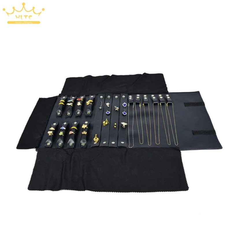 Navy Blue Leather Jewelry Roll Bag Portable Carring Case Leather Organizer Multi Functional Necklace Rings Earrings Storage Box