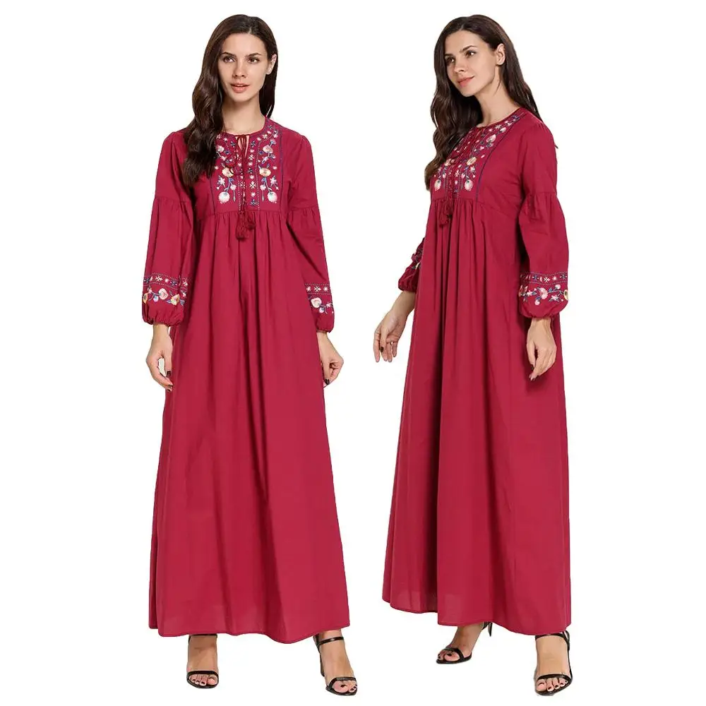 Этнические Вышивка abaya женские мусульманские платья Длинные Макси Вечерние