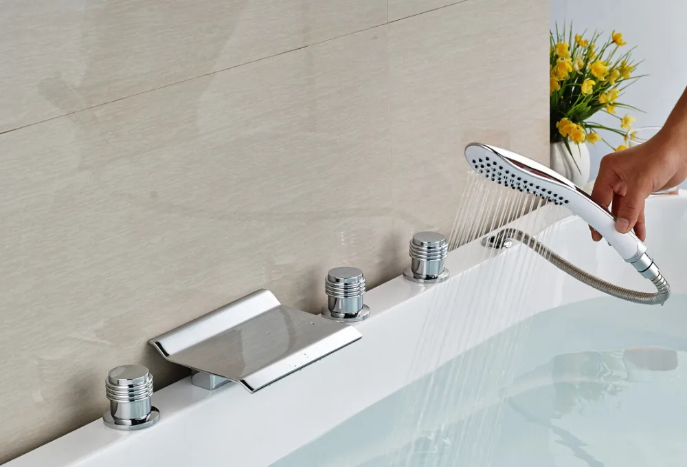 

5 PCS Deck Mounted Bathtub Waterfall Shower Faucet Mixer Tap With Hand shower Chrome
