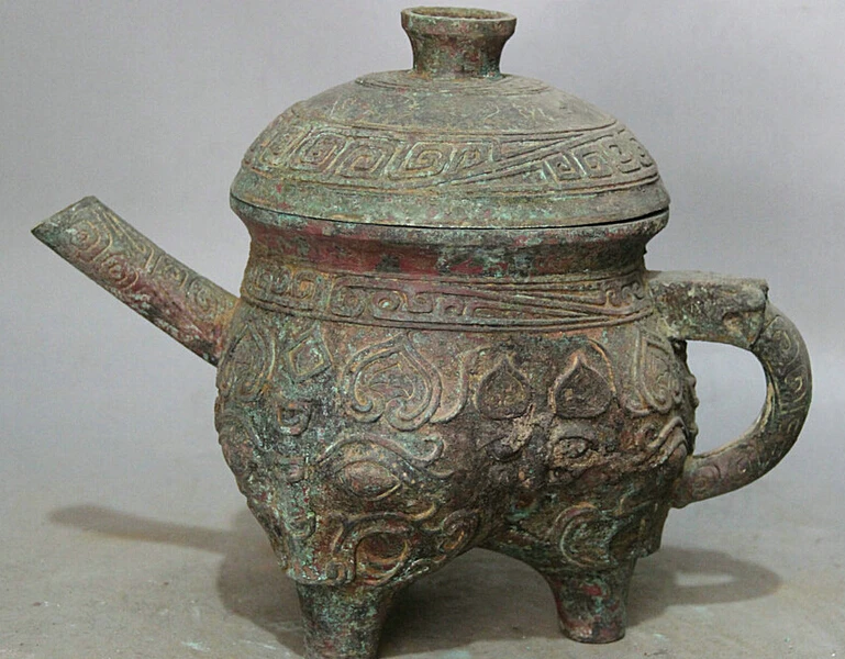 

S1802 12" Old Ancient Chinese Bronze flower handle vessel teapot Wine Tea Pot Flagon D0318