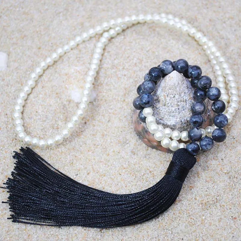 Yumfeel Brand New Long Beaded Tassel Necklace 18 Colors Natural Stone Necklace Women Jewelry Gifts Beach Crystal Quartz - Окраска металла: Labradorite