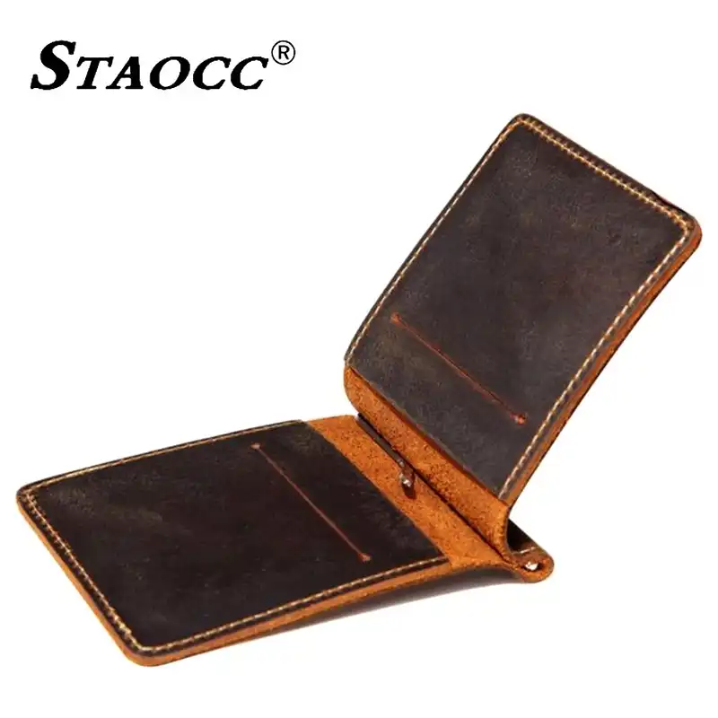 Men Money Clip Genuine Leather Wallet Vintage Slim Purse Business Credit Card Id Holder Thin Money Card Clip Male Cowhide Wallet - 