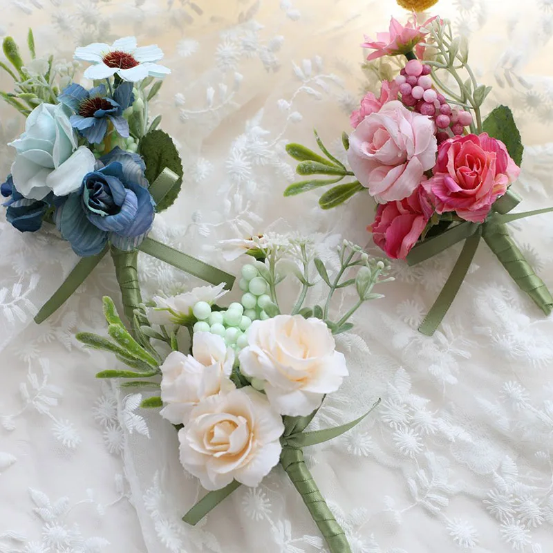 

Handmade Simulation Wedding Flower Groomsman Bridegroom Guest Boutonnieres Corsage Bridesmaids Bride Wrist Flowers