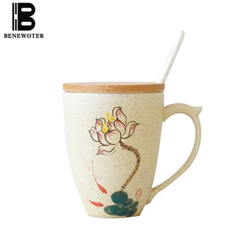 

300ML Jingdezhen Ceramic Tea Set Hand Painted Lotus Breakfast Milk Fruit Juice Mug Afternoon Tea Cup Coffee Mug with Lid Mug New